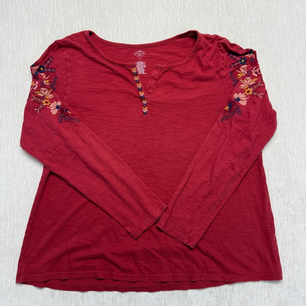 St. John's Bay Embroidered Floral T-Shirt Long Sleeve Women Large Red Boho Gypsy